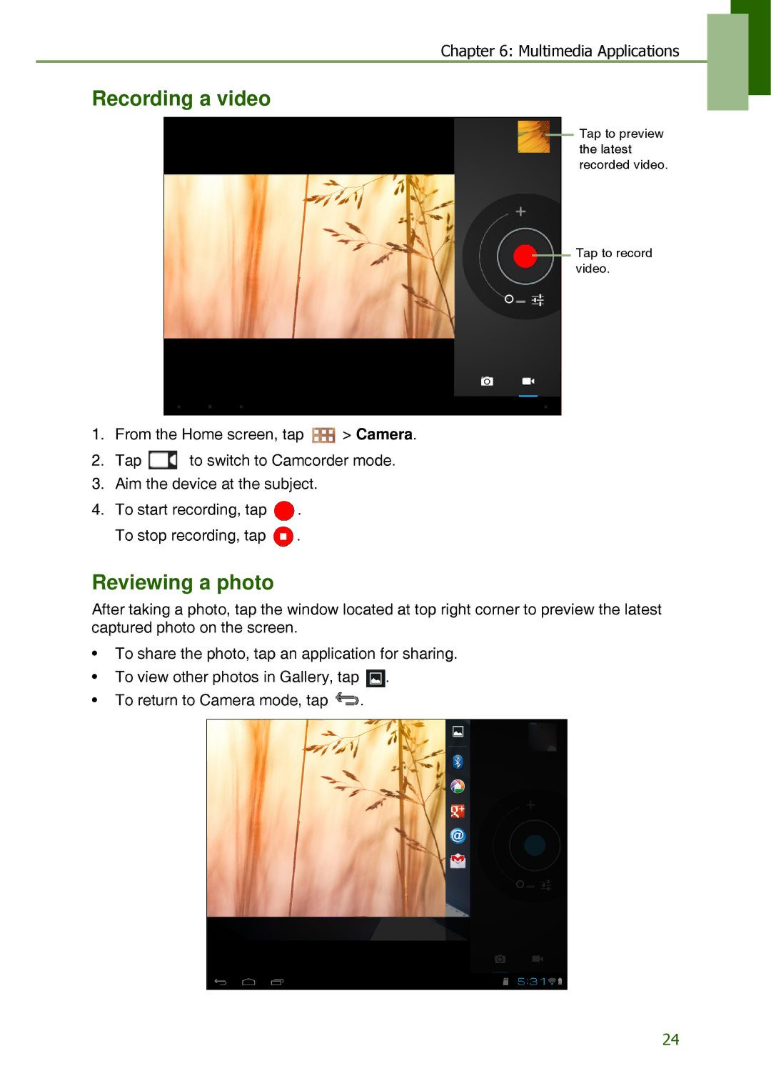 Lenovo S2109A-F manual Recording a video, Reviewing a photo 