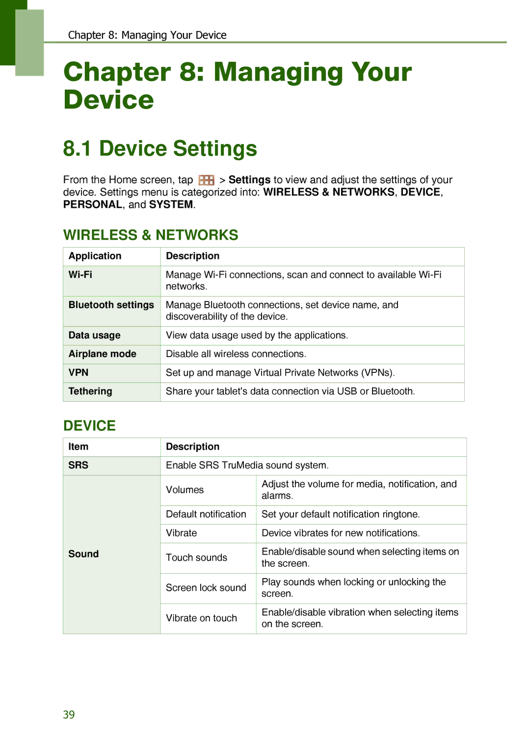 Lenovo S2109A-F manual Managing Your Device, Device Settings 