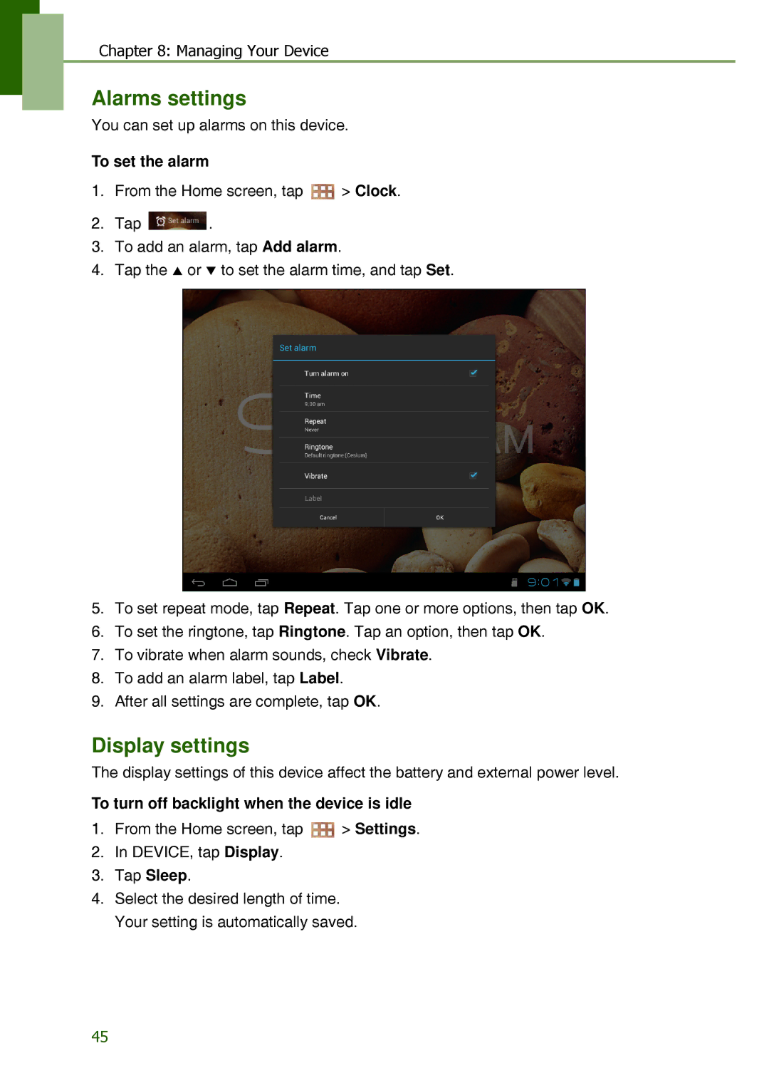 Lenovo S2109A-F manual Alarms settings, Display settings, To set the alarm, To turn off backlight when the device is idle 