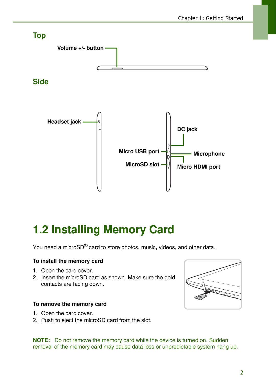 Lenovo S2109A-F manual Installing Memory Card, Top, Side 