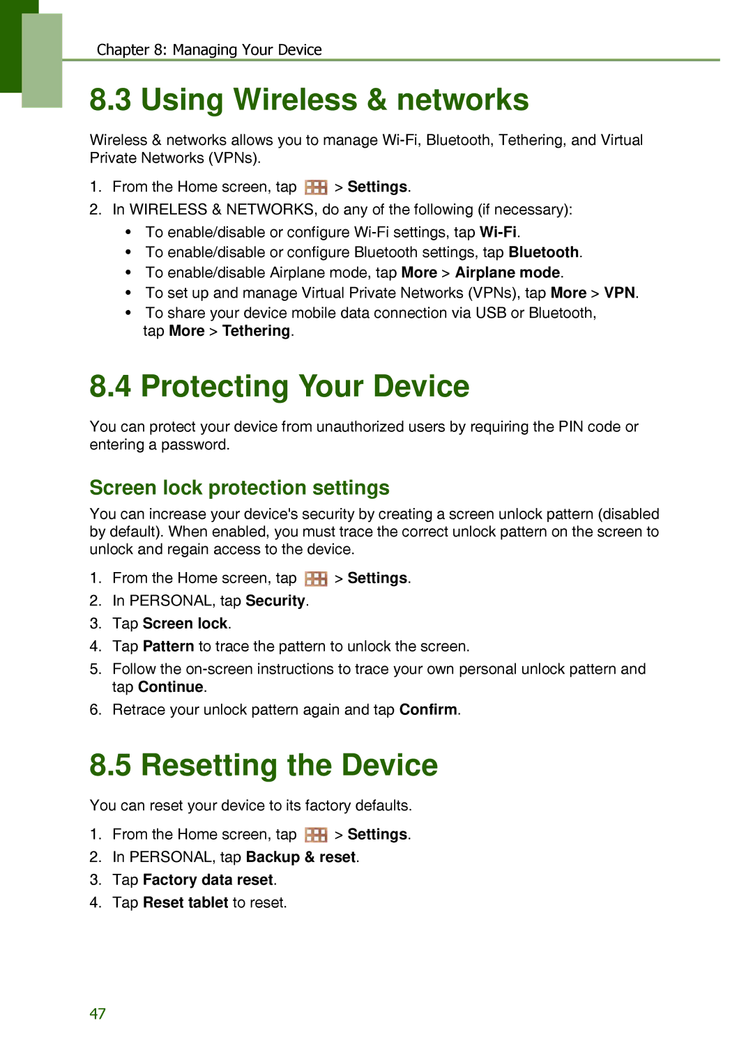 Lenovo S2109A-F Using Wireless & networks, Protecting Your Device, Resetting the Device, Screen lock protection settings 