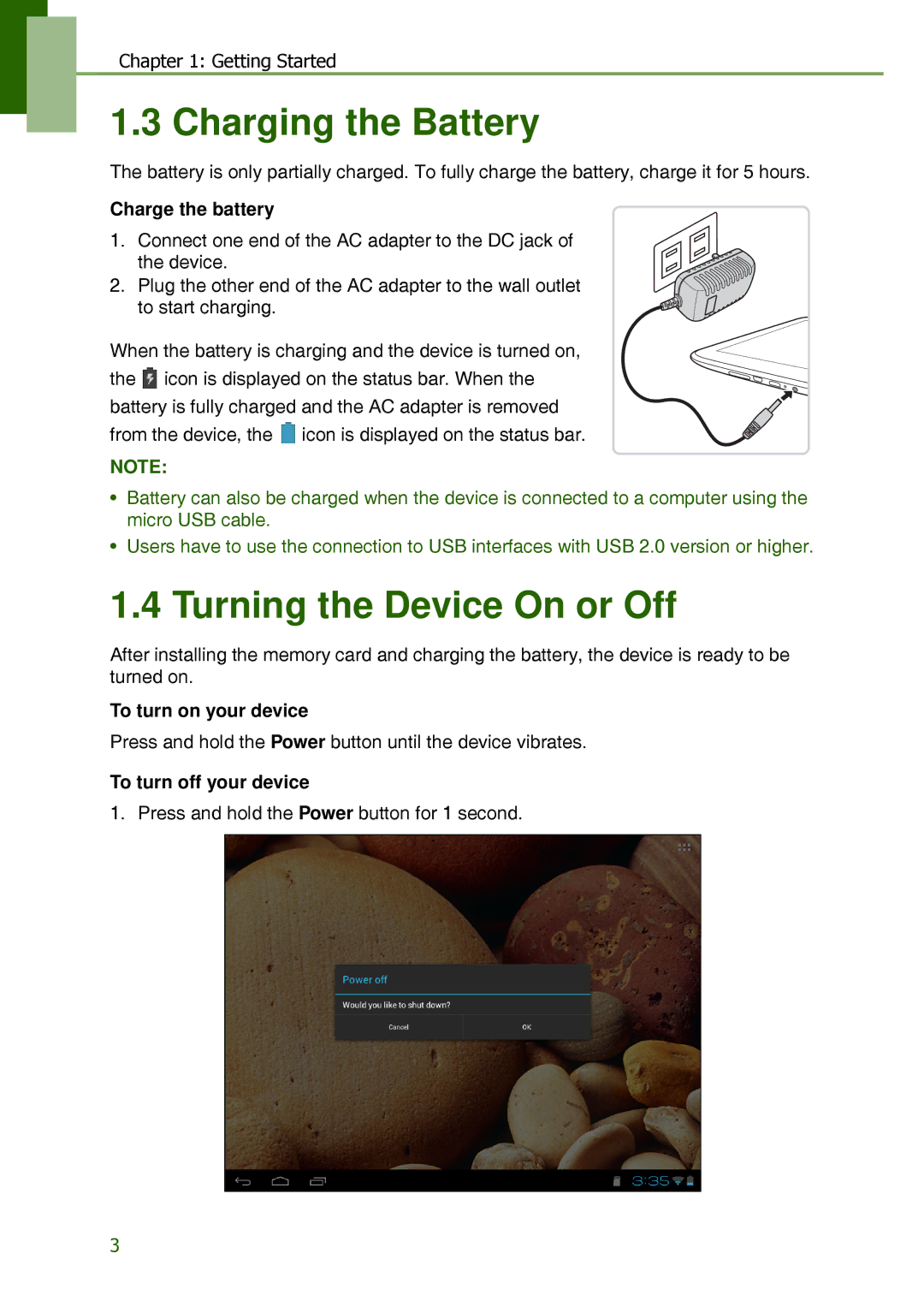 Lenovo S2109A-F manual Charging the Battery, Turning the Device On or Off, Charge the battery, To turn on your device 