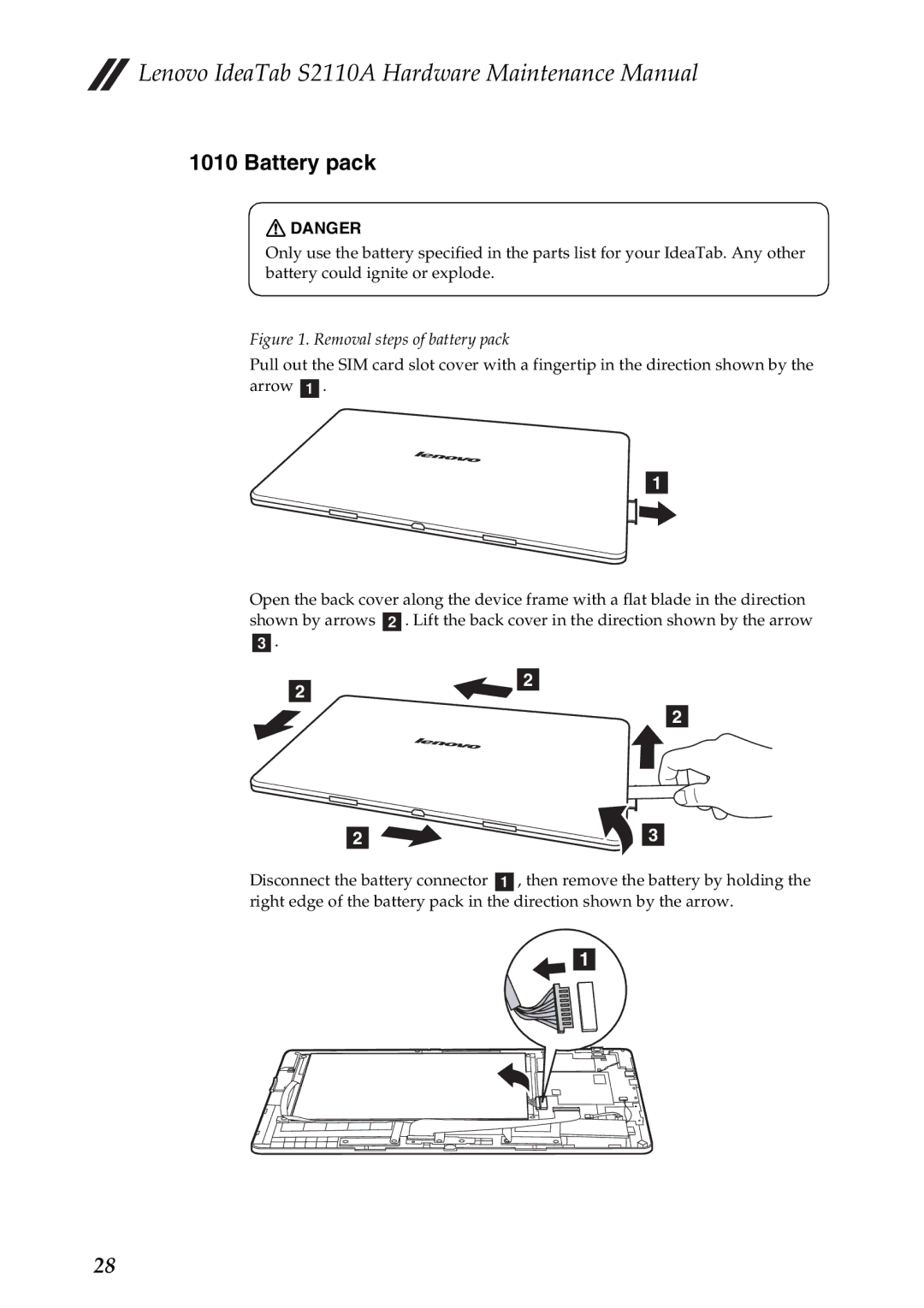 Lenovo S2110A manual Battery pack, Removal steps of battery pack 