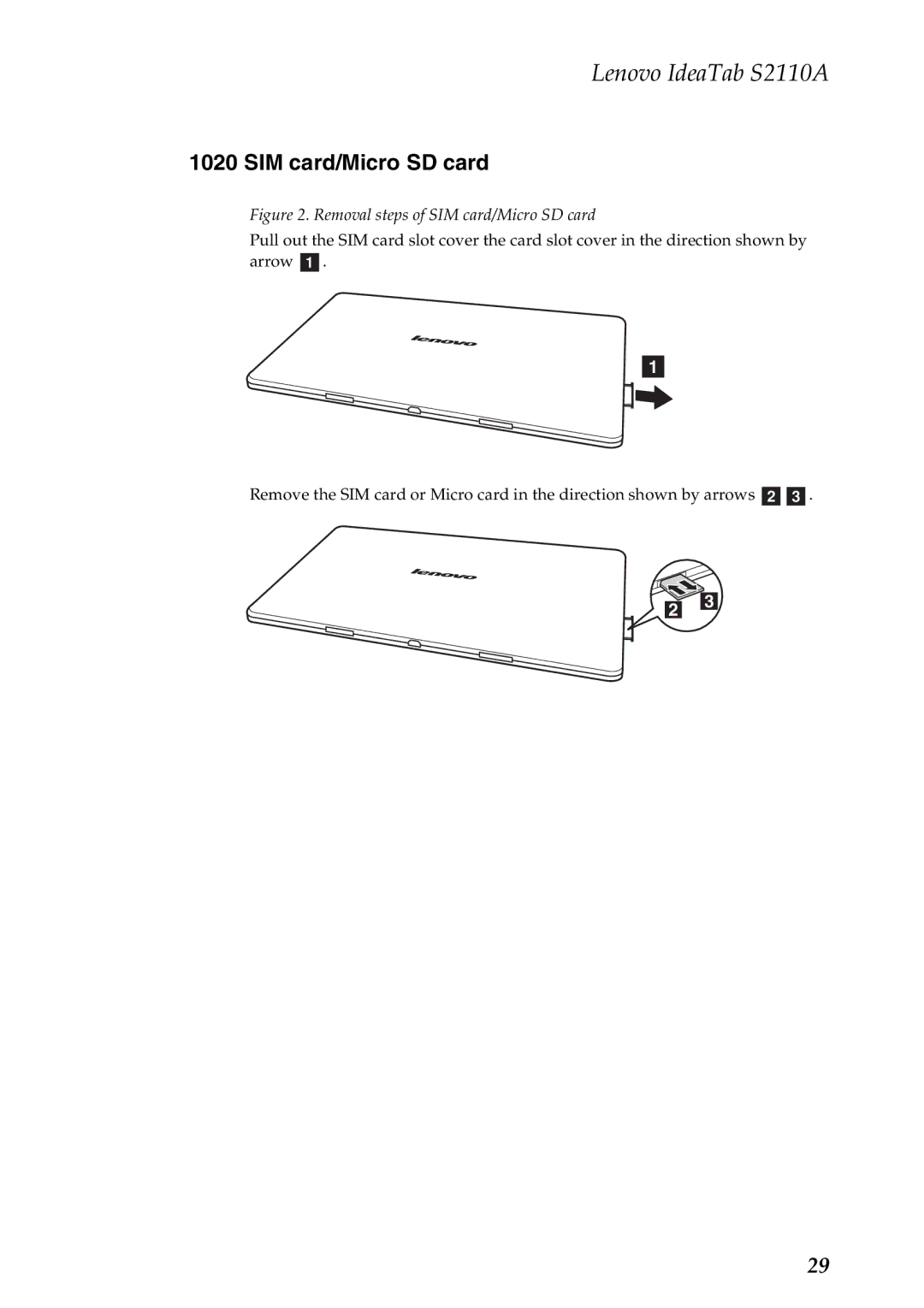 Lenovo S2110A manual Removal steps of SIM card/Micro SD card 