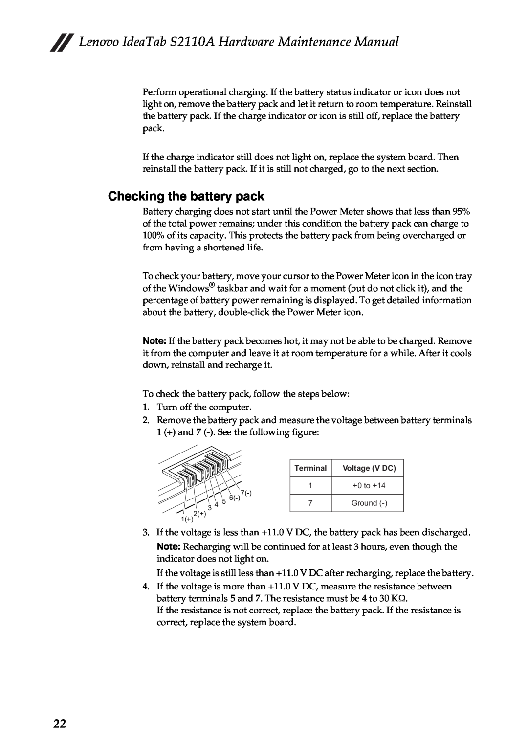 Lenovo manual Checking the battery pack, Lenovo IdeaTab S2110A Hardware Maintenance Manual 