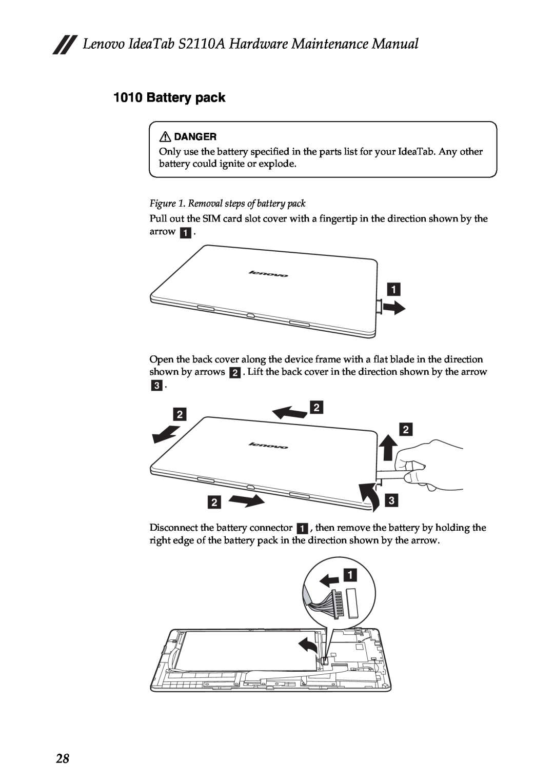 Lenovo manual Battery pack, Lenovo IdeaTab S2110A Hardware Maintenance Manual 