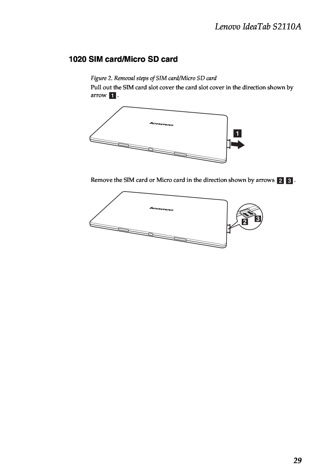 Lenovo manual Lenovo IdeaTab S2110A, Removal steps of SIM card/Micro SD card 