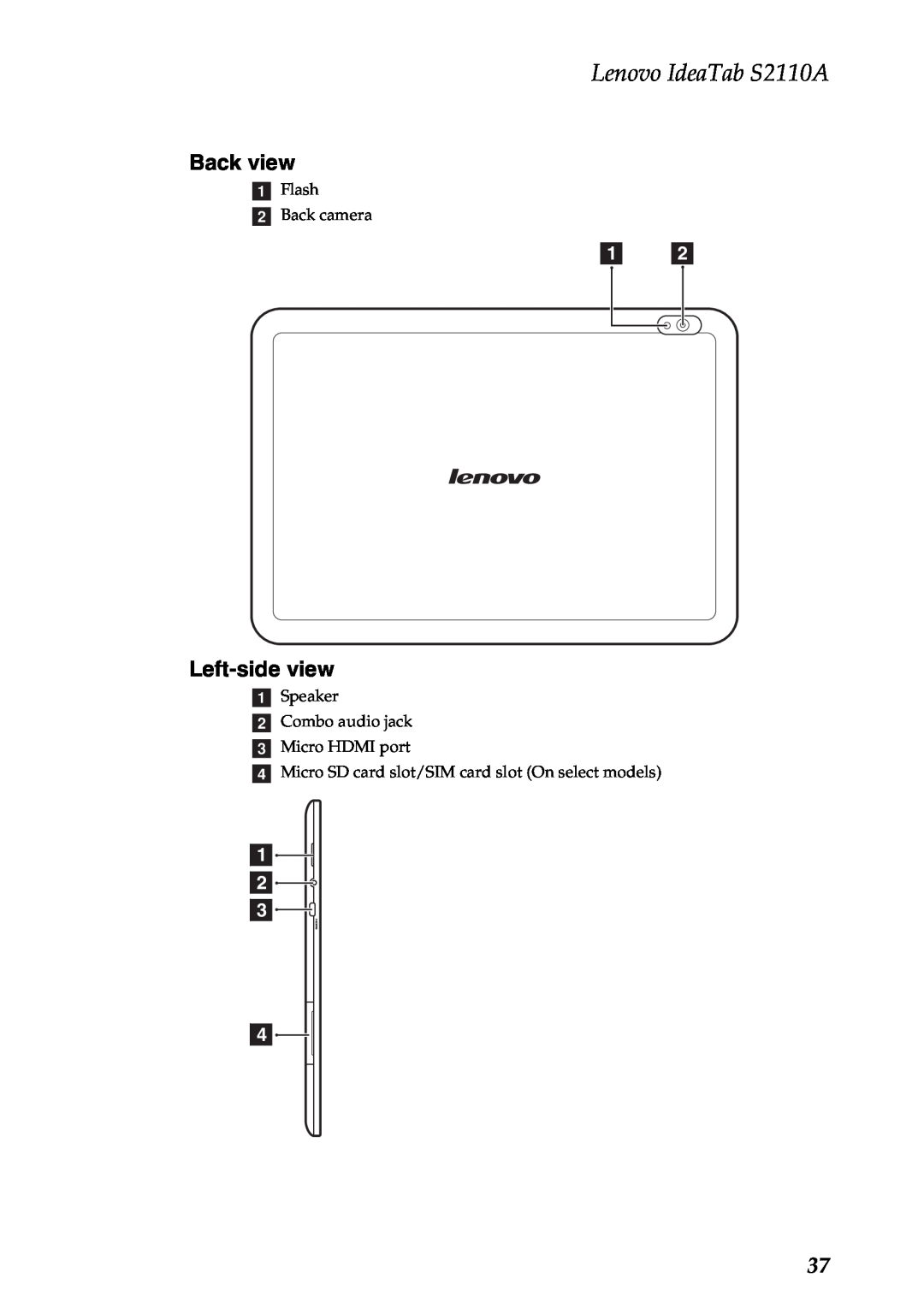 Lenovo manual Back view, Left-sideview, Lenovo IdeaTab S2110A, aFlash bBack camera, 1 2 