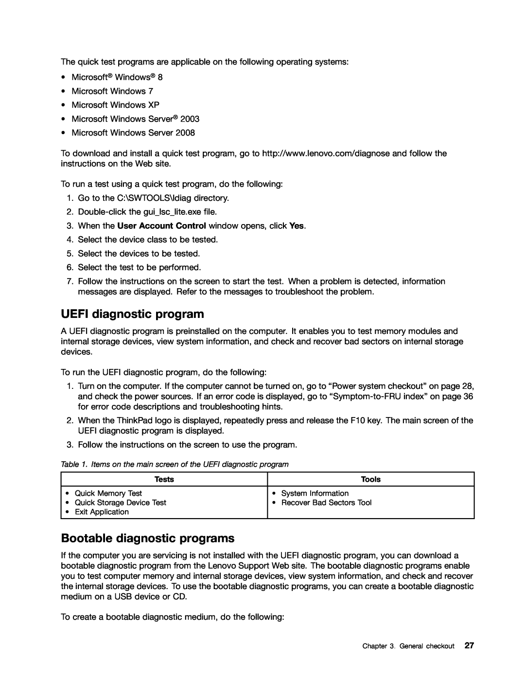 Lenovo 33472YU, S230U manual UEFI diagnostic program, Bootable diagnostic programs 