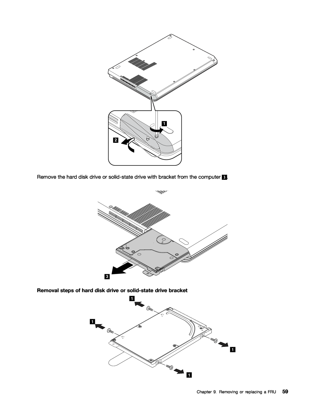 Lenovo 33472YU, S230U manual Removal steps of hard disk drive or solid-state drive bracket, Removing or replacing a FRU 