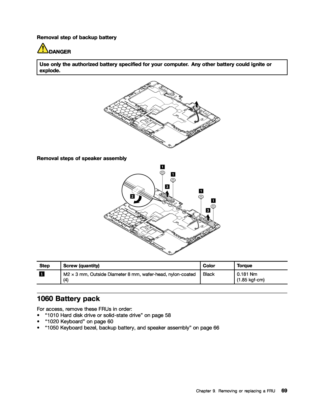 Lenovo 33472YU Battery pack, Removal step of backup battery DANGER, Removal steps of speaker assembly, Step, Color, Torque 