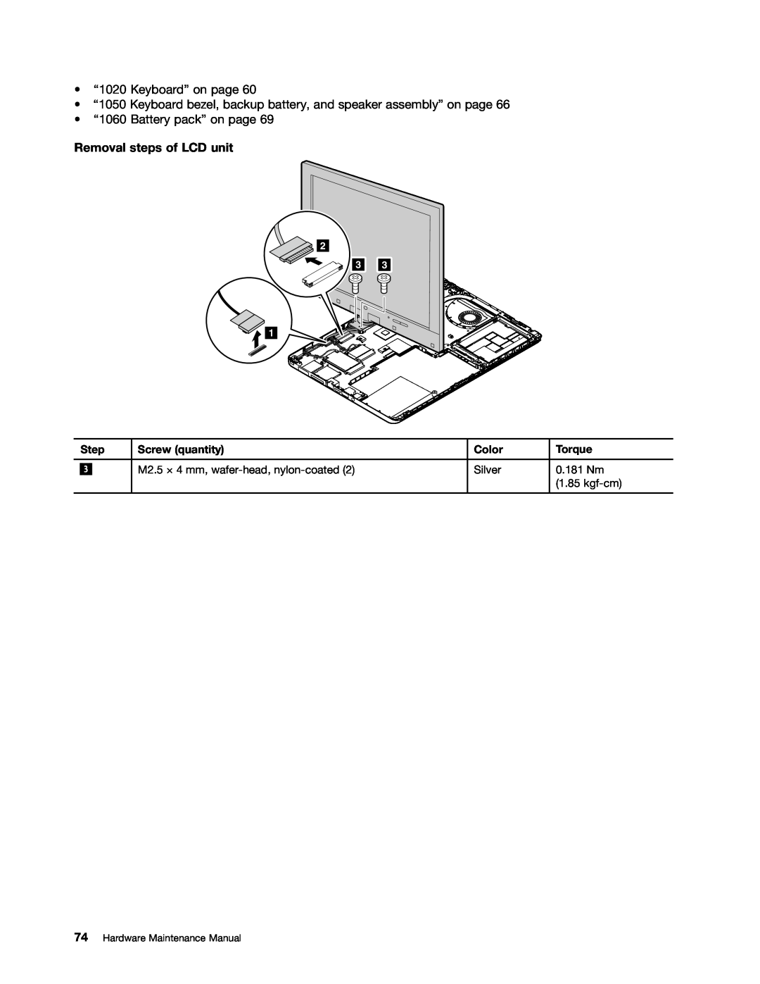 Lenovo S230U, 33472YU manual Removal steps of LCD unit, Step, Screw quantity, Color, Torque, Hardware Maintenance Manual 
