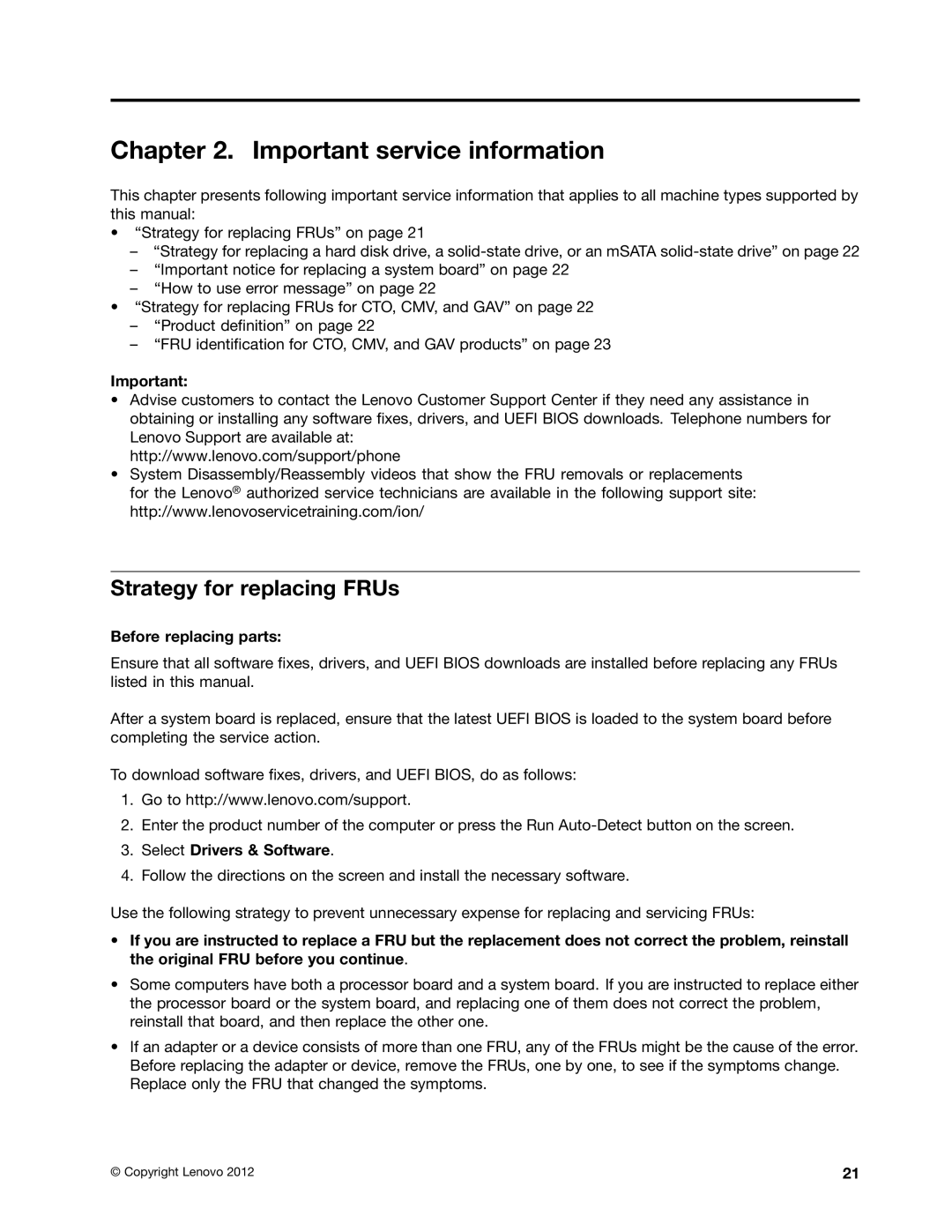 Lenovo 33472YU, S230U manual Important service information, Strategy for replacing FRUs, Before replacing parts 