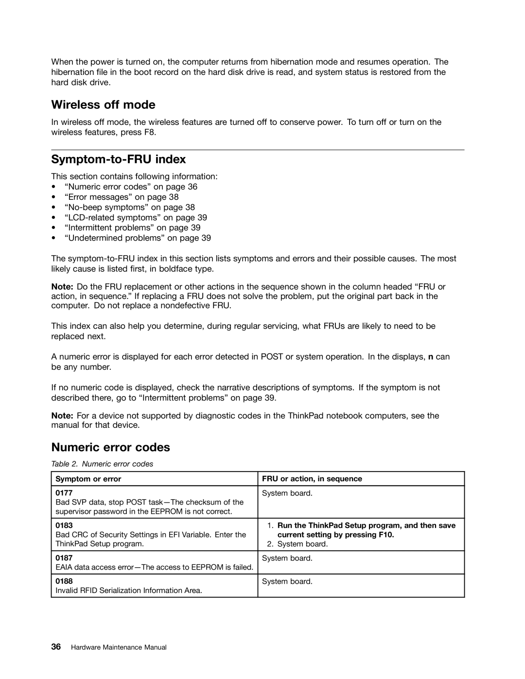 Lenovo S230U, 33472YU manual Wireless off mode, Symptom-to-FRU index, Numeric error codes 