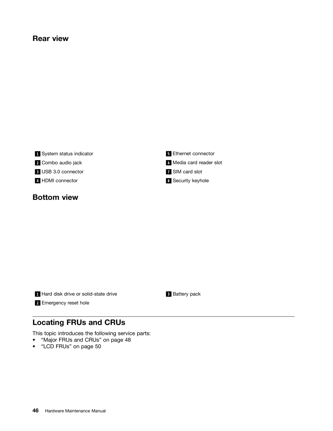 Lenovo S230U, 33472YU manual Rear view, Bottom view, Locating FRUs and CRUs 