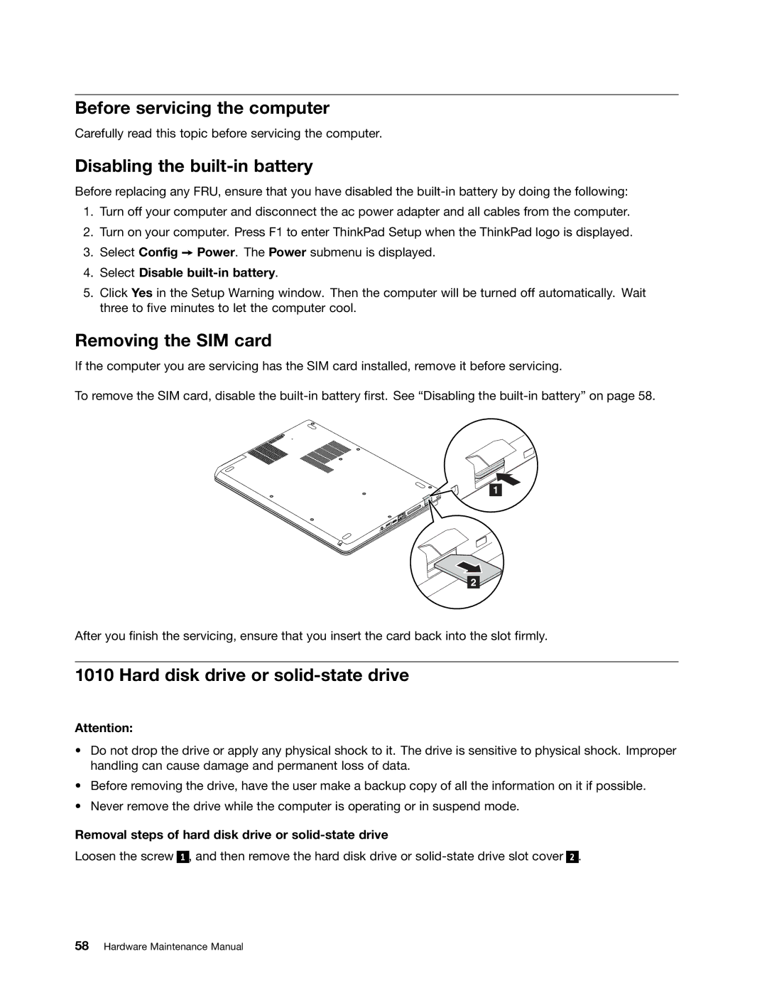 Lenovo S230U, 33472YU manual Before servicing the computer, Disabling the built-in battery, Removing the SIM card 