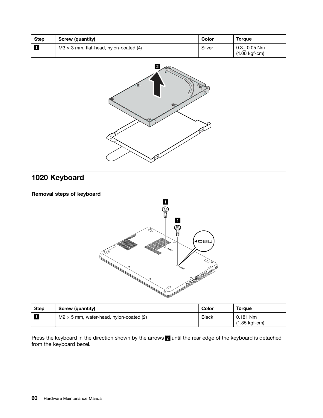 Lenovo S230U, 33472YU manual Keyboard, Removal steps of keyboard, Step Screw quantity Color Torque 