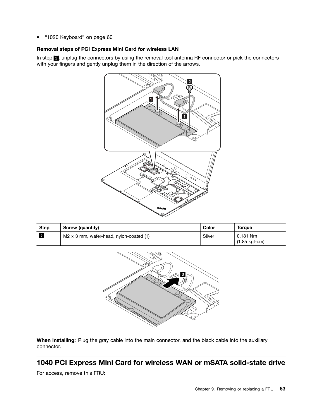 Lenovo 33472YU, S230U manual Removal steps of PCI Express Mini Card for wireless LAN, Step Screw quantity Color Torque 