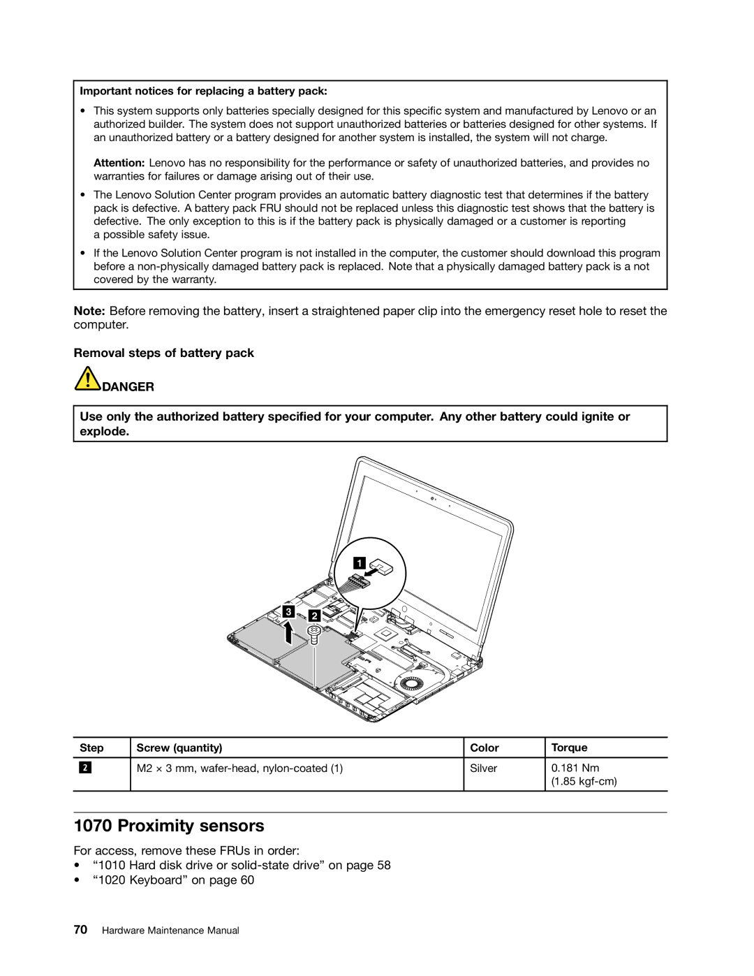 Lenovo S230U, 33472YU manual Proximity sensors, Important notices for replacing a battery pack 