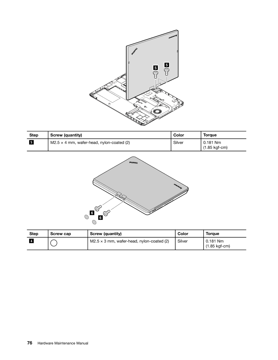 Lenovo S230U, 33472YU manual M2.5 × 3 mm, wafer-head, nylon-coated Silver 181 Nm Kgf-cm 