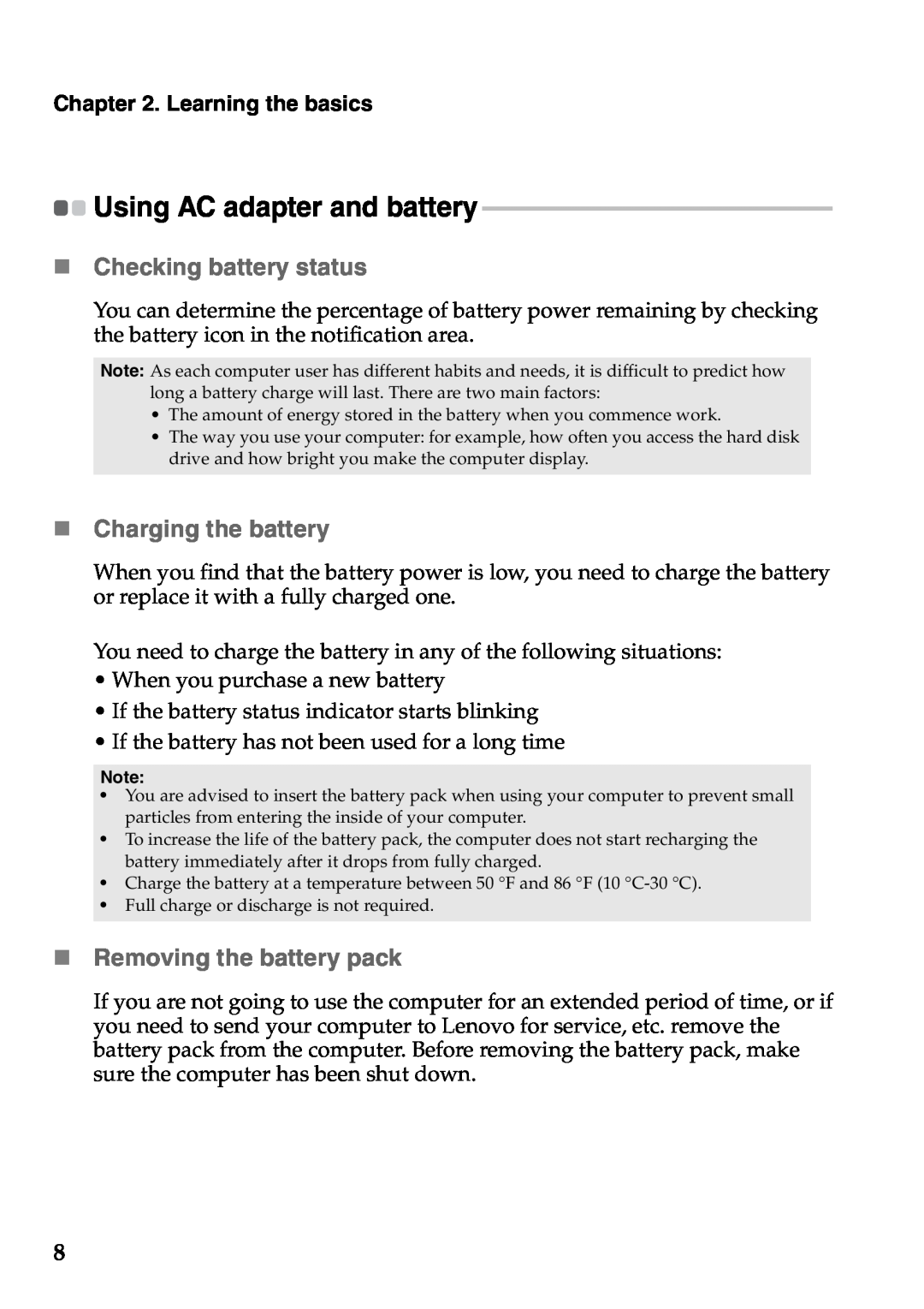 Lenovo S400U „ Checking battery status, „ Charging the battery, „ Removing the battery pack, Using AC adapter and battery 