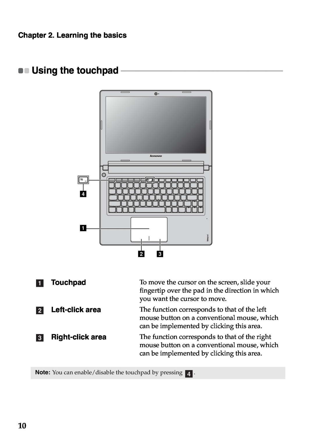 Lenovo S400U, 59RF0035 manual Using the touchpad, a Touchpad, b Left-click area, c Right-click area, Learning the basics 