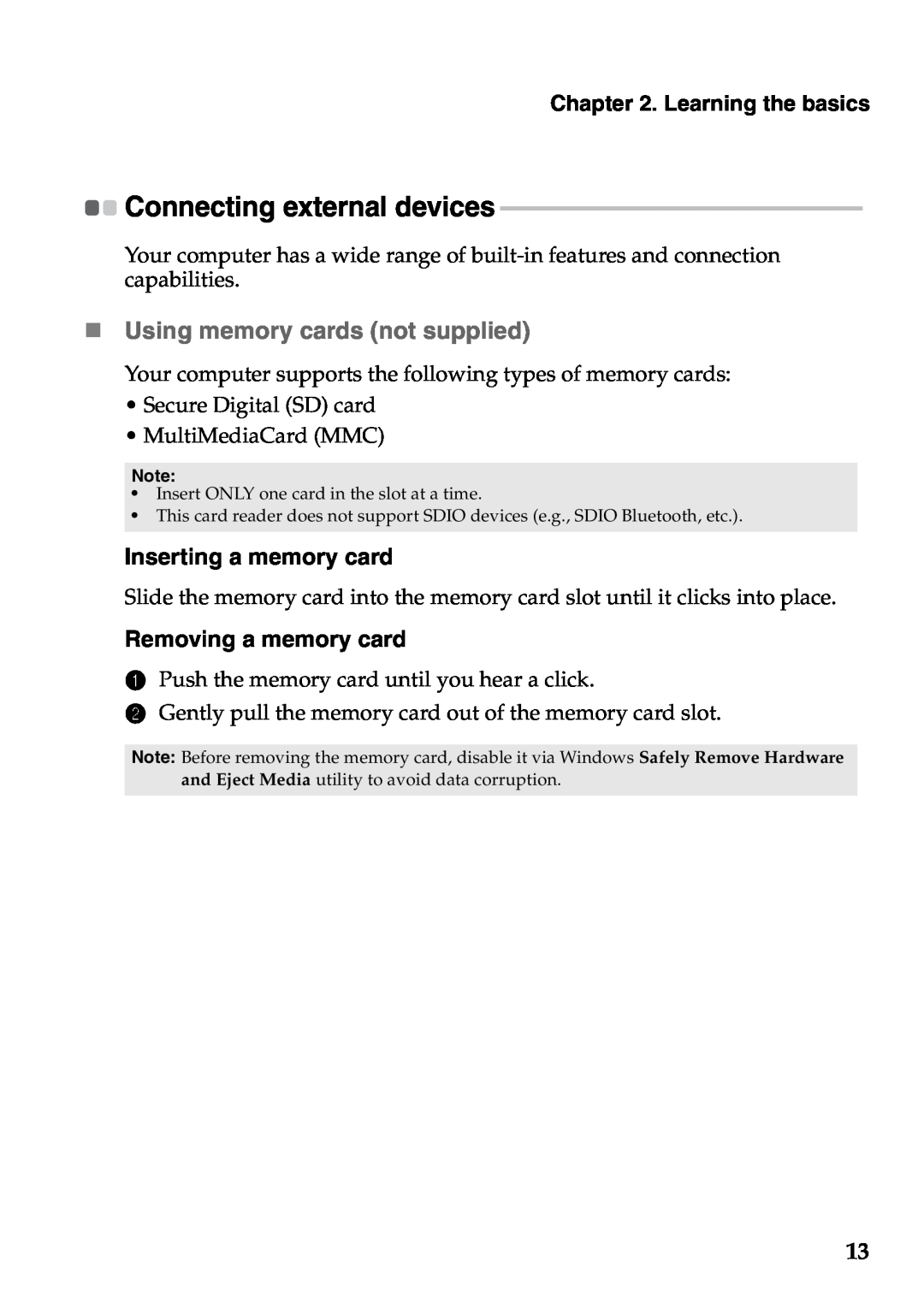 Lenovo 59RF0035 „ Using memory cards not supplied, Inserting a memory card, Removing a memory card, Learning the basics 