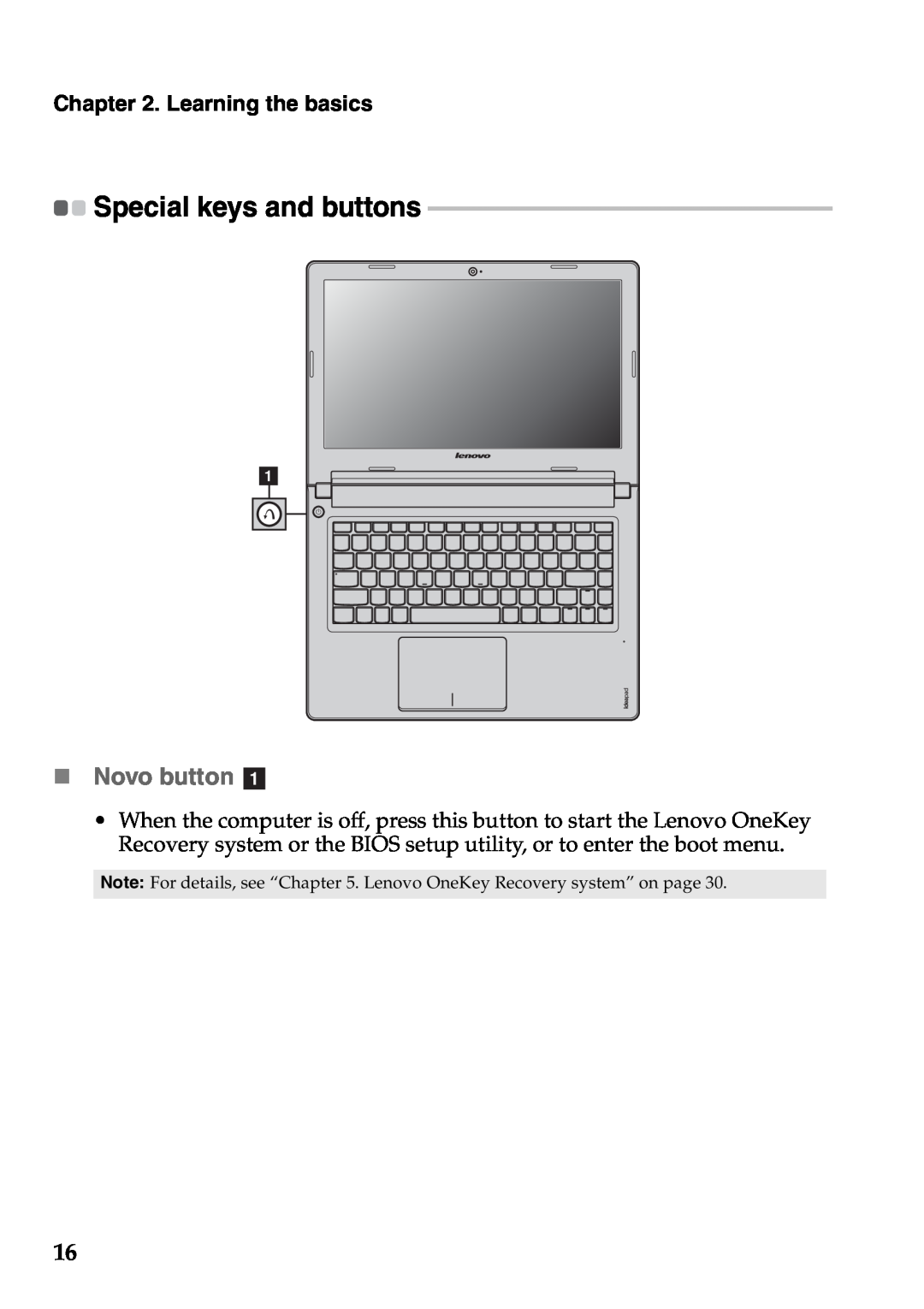 Lenovo S400U, 59RF0035 manual „ Novo button a, Special keys and buttons, Learning the basics 
