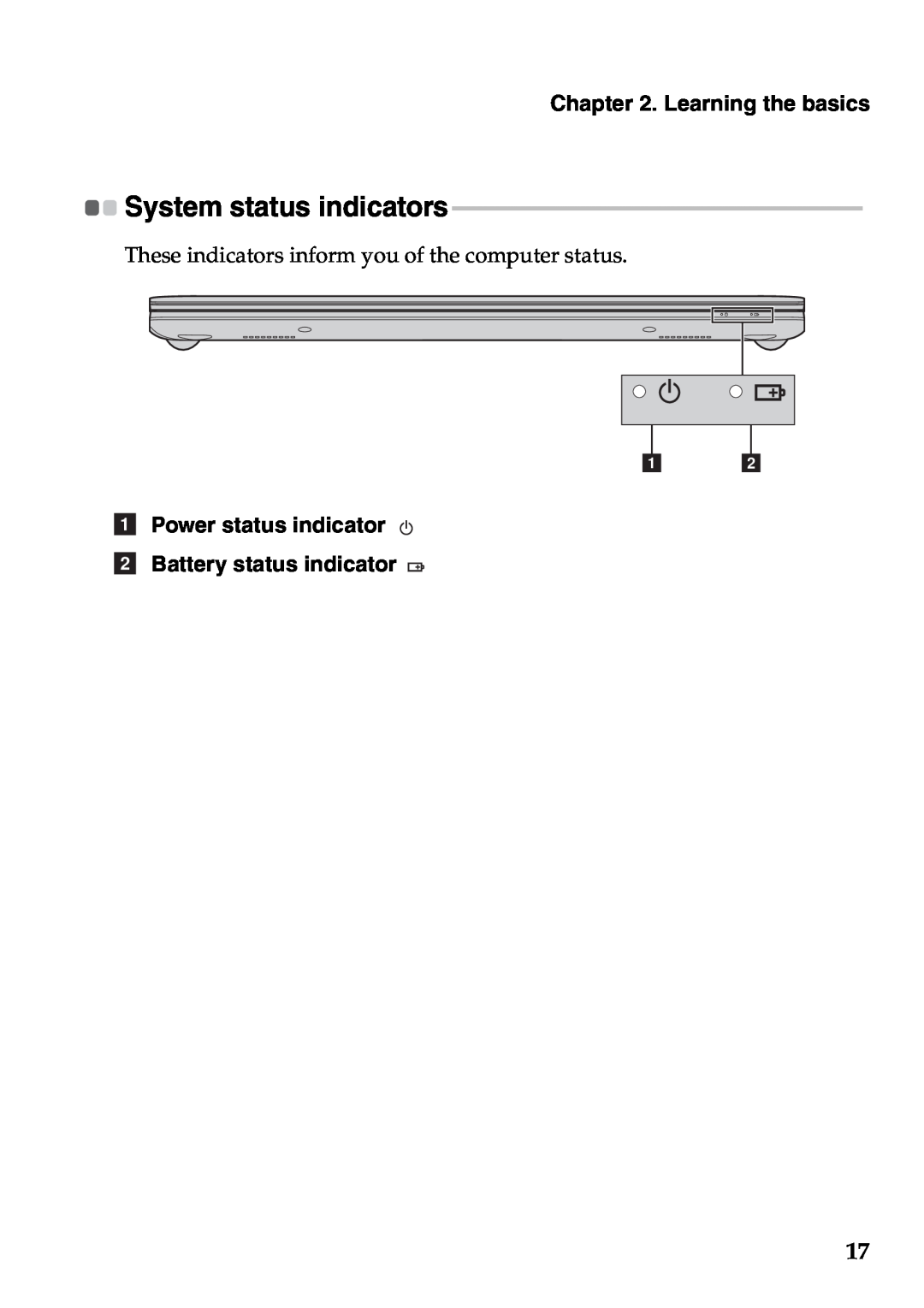 Lenovo 59RF0035, S400U System status indicators, a Power status indicator b Battery status indicator, Learning the basics 