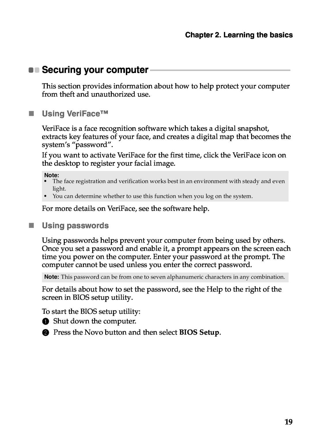 Lenovo 59RF0035, S400U manual Securing your computer, „ Using VeriFace, „ Using passwords, Learning the basics 