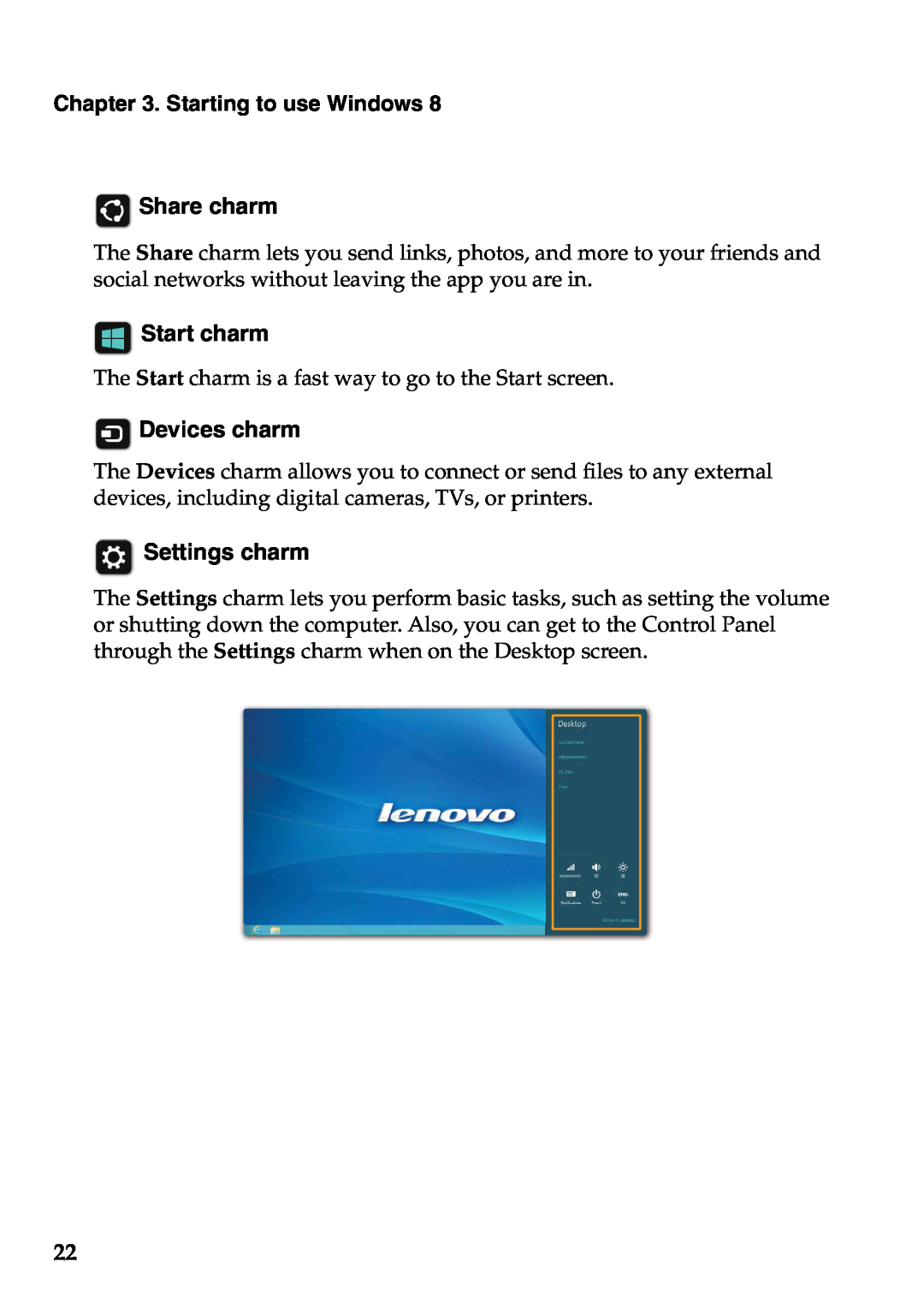 Lenovo S400U, 59RF0035 manual Share charm, Start charm, Devices charm, Settings charm, Starting to use Windows 