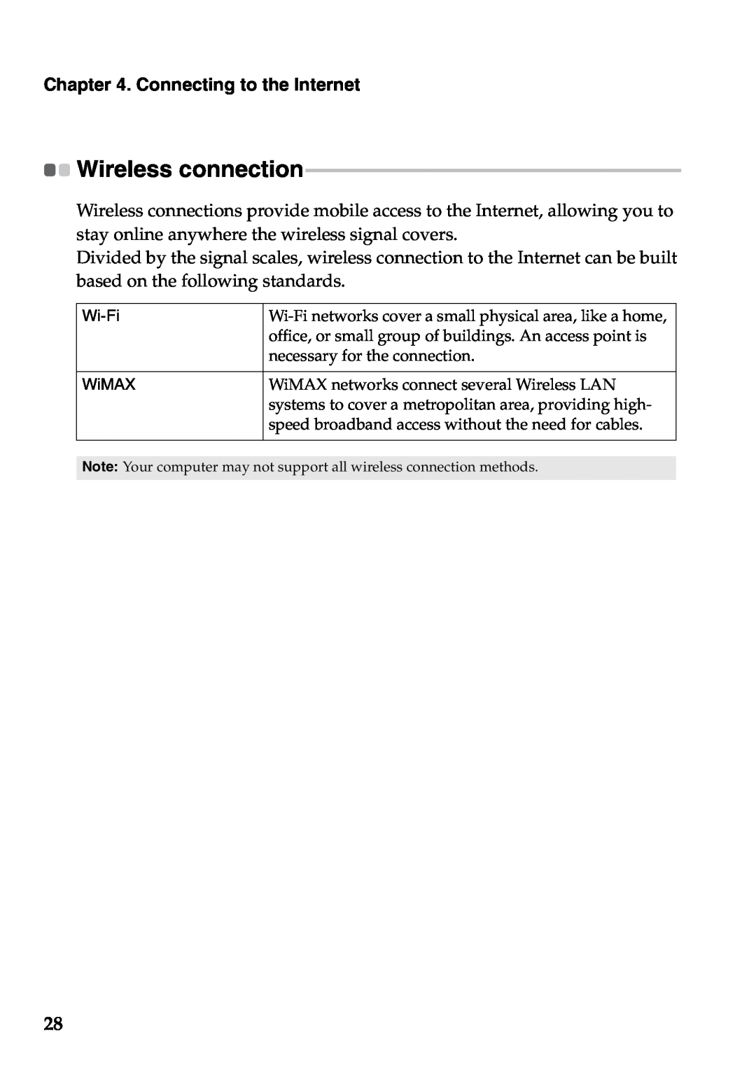 Lenovo S400U, 59RF0035 manual Wireless connection, Connecting to the Internet, Wi-Fi WiMAX 
