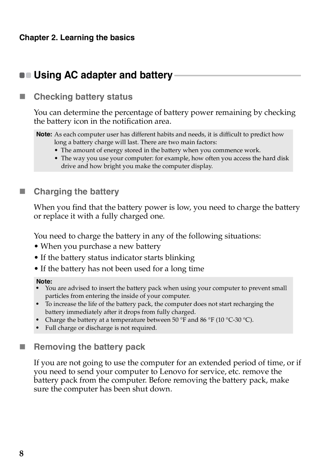 Lenovo S400U, 59RF0035 manual „ Checking battery status, „ Charging the battery, „ Removing the battery pack 