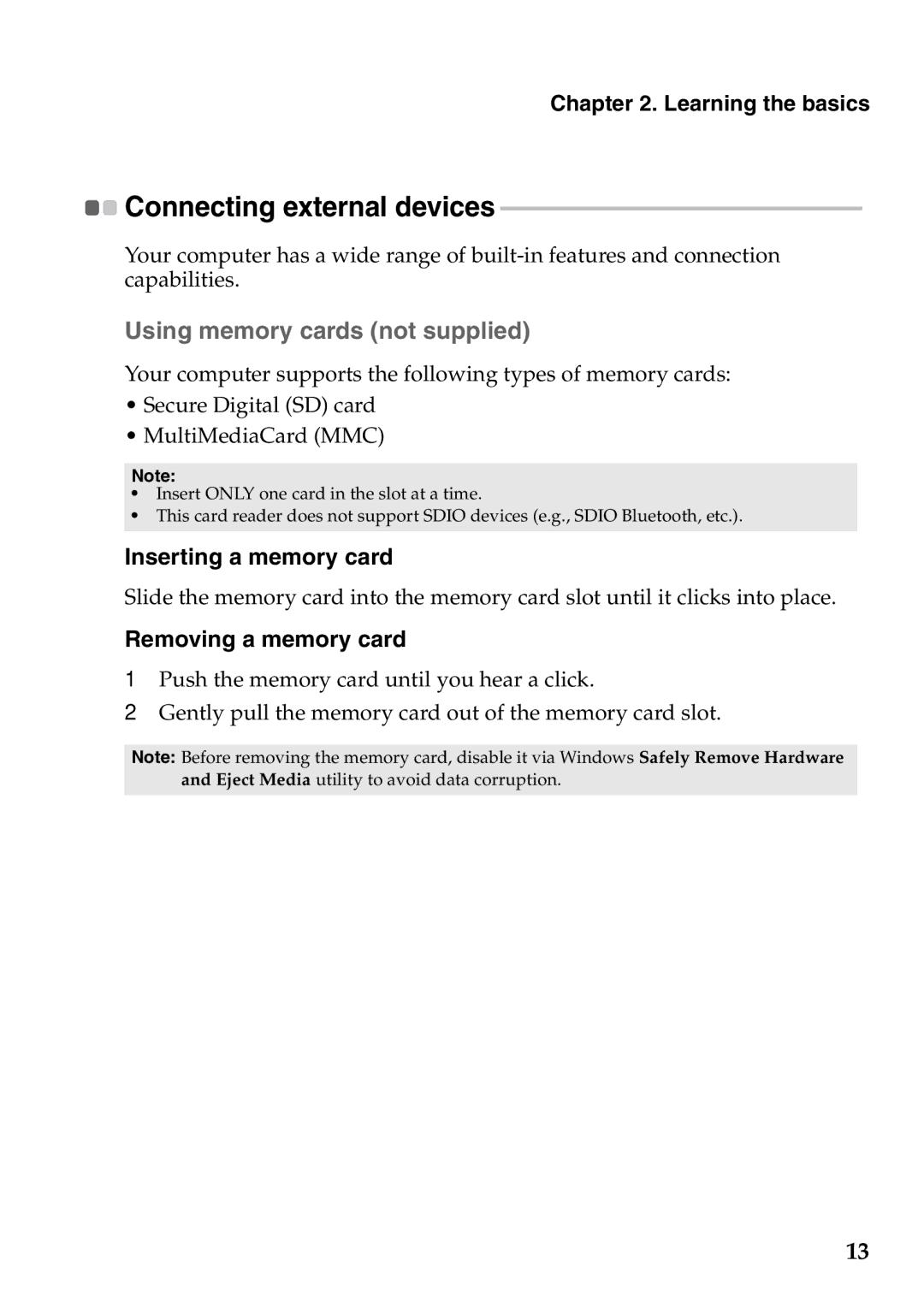 Lenovo 59RF0035, S400U manual „ Using memory cards not supplied, Inserting a memory card, Removing a memory card 