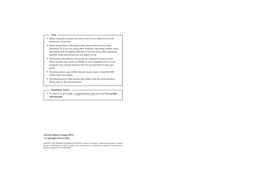 Lenovo S400U, 59RF0035 manual Regulatory Notice Second Edition August Copyright Lenovo 