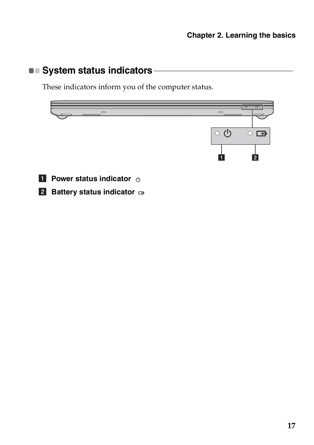 Lenovo 59RF0035, S400U manual System status indicators, Power status indicator Battery status indicator 