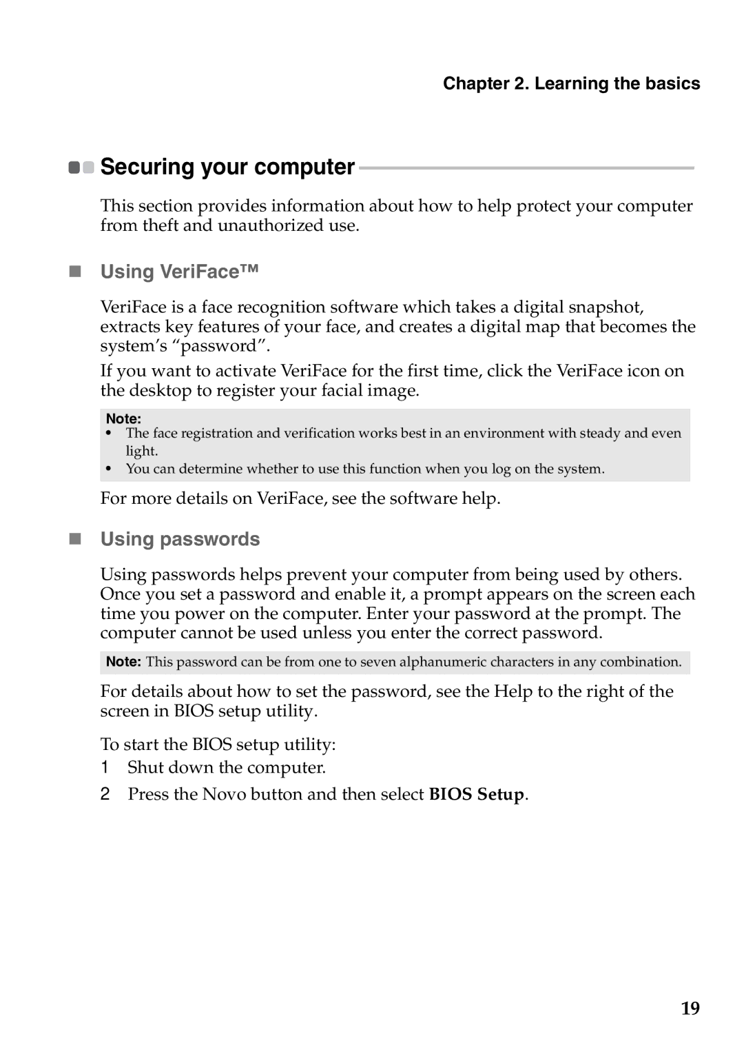 Lenovo 59RF0035, S400U manual „ Using VeriFace, Securing your computer 