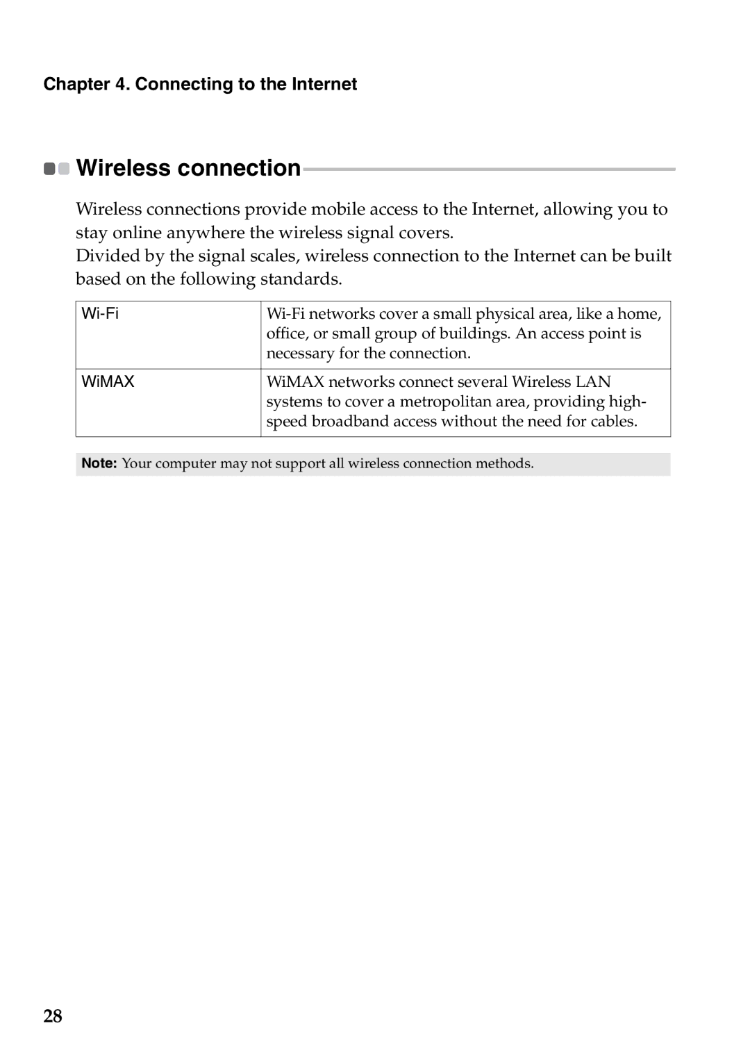 Lenovo S400U, 59RF0035 manual Wireless connection, Wi-Fi WiMAX 