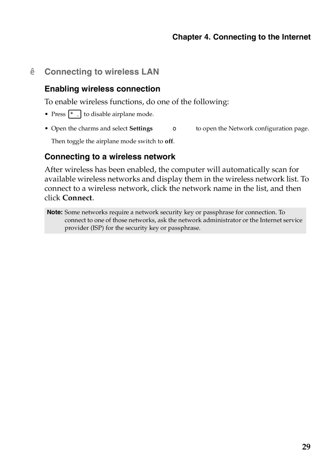 Lenovo 59RF0035, S400U manual „ Connecting to wireless LAN, Enabling wireless connection, Connecting to a wireless network 