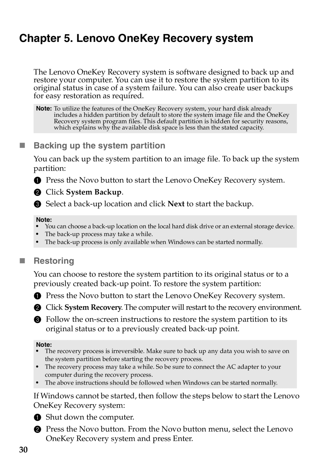 Lenovo S400U, 59RF0035 manual Lenovo OneKey Recovery system, „ Backing up the system partition, „ Restoring 