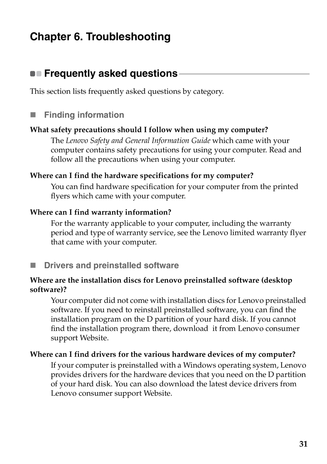 Lenovo 59RF0035 Troubleshooting, „ Finding information, „ Drivers and preinstalled software, Frequently asked questions 