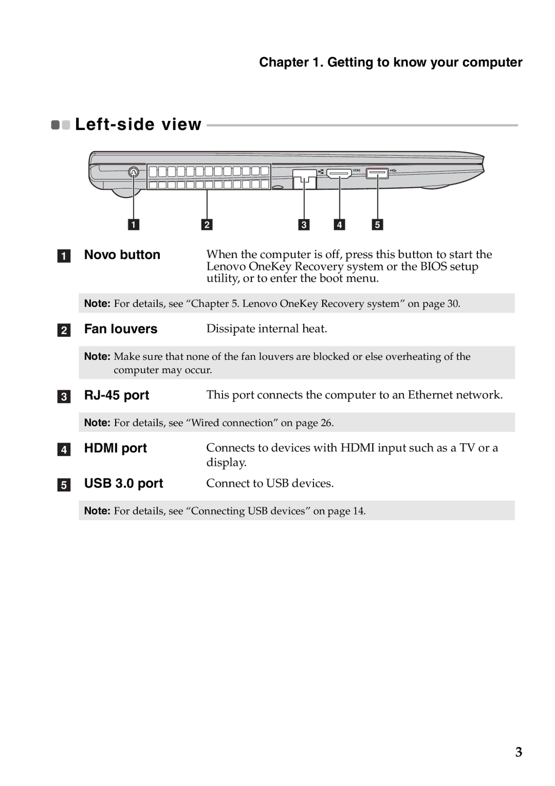 Lenovo 59RF0035, S400U manual Left-side view, Fan louvers, RJ-45 port, Hdmi port, USB 3.0 port 