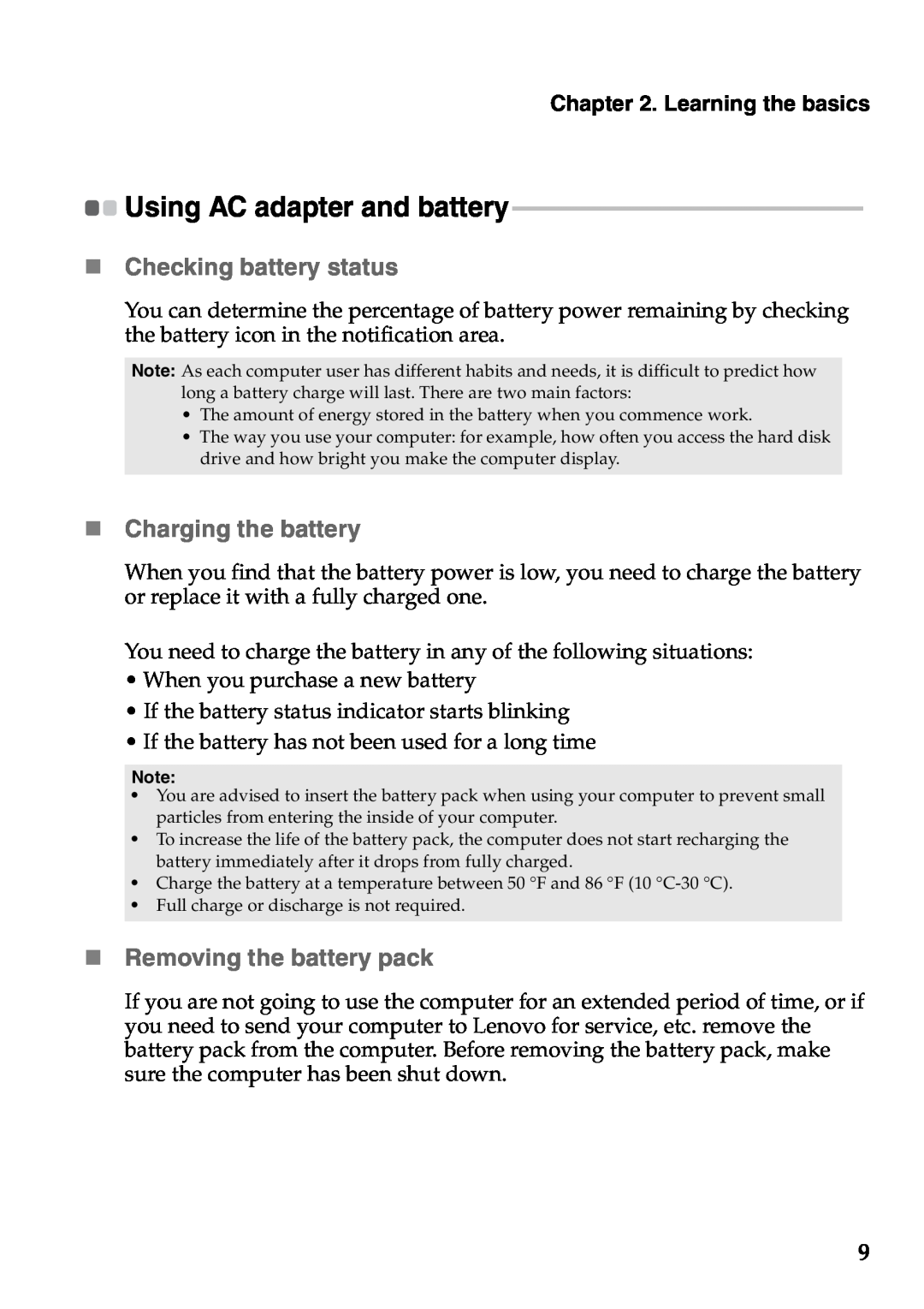 Lenovo S300 „ Checking battery status, „ Charging the battery, „ Removing the battery pack, Using AC adapter and battery 