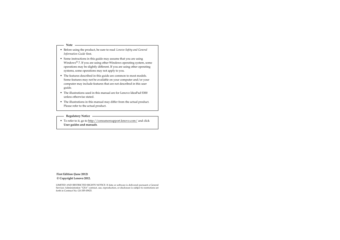 Lenovo S400, S405, S300 manual Regulatory Notice, First Edition June Copyright Lenovo 