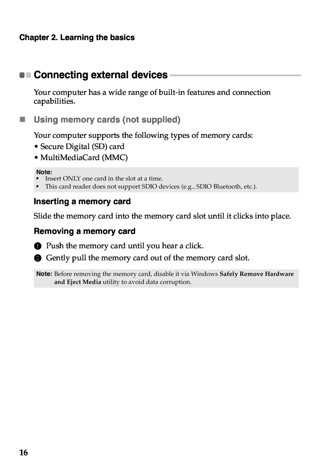 Lenovo S400 Connecting external devices, „ Using memory cards not supplied, Inserting a memory card, Learning the basics 