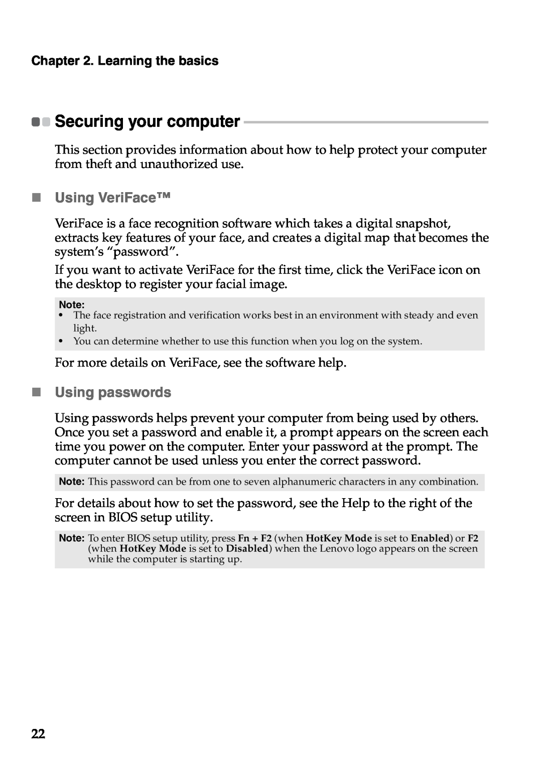 Lenovo S400, S405, S300 manual „ Using VeriFace, „ Using passwords, Securing your computer, Learning the basics 