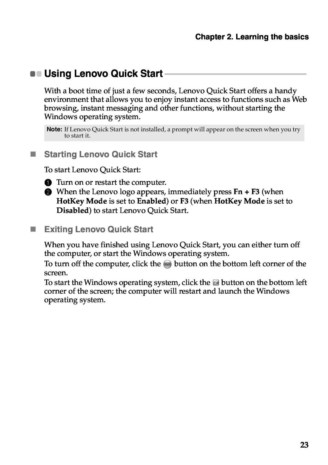 Lenovo S405 „ Starting Lenovo Quick Start, „ Exiting Lenovo Quick Start, Using Lenovo Quick Start, Learning the basics 