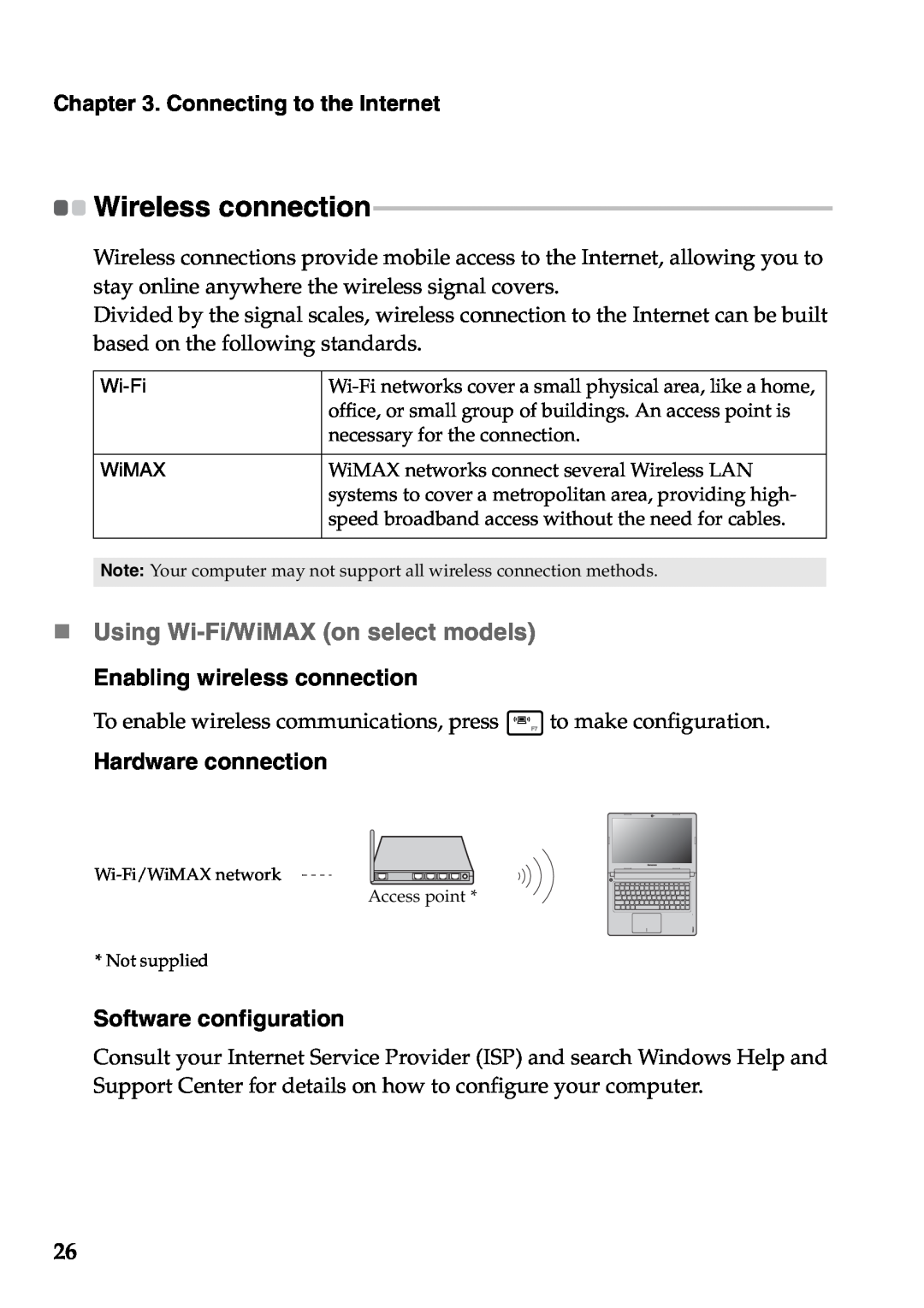 Lenovo S405 „ Using Wi-Fi/WiMAX on select models Enabling wireless connection, Hardware connection, Software configuration 