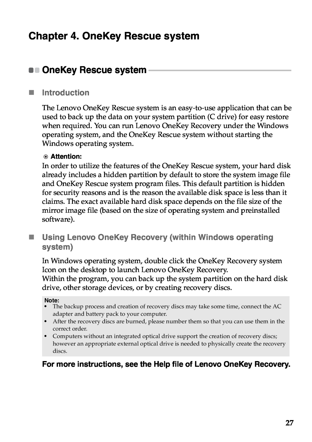 Lenovo S300, S405 OneKey Rescue system, „ Introduction, „ Using Lenovo OneKey Recovery within Windows operating system 