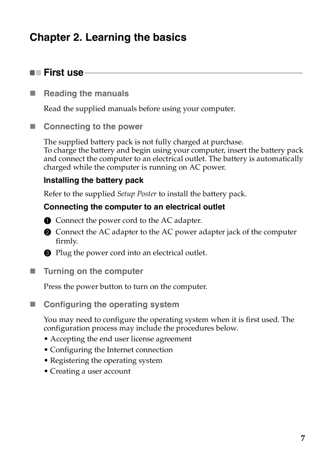 Lenovo S400, S405, S300 Learning the basics, „ Reading the manuals, „ Connecting to the power, „ Turning on the computer 